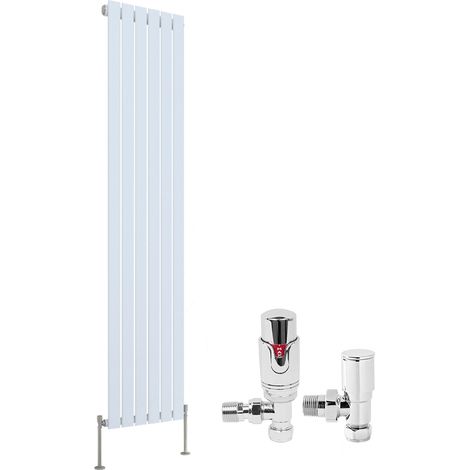 White Designer Flat Panel Radiator + Thermostatic TRV Radiator Valves Chrome Angled Vertical 1800x408mm Single