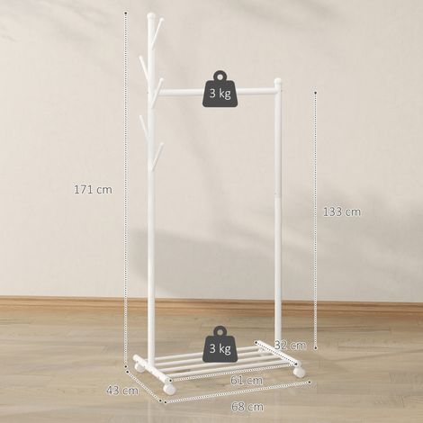 Portant à vêtements mobile avec roulettes, tringle, 5 crochets, étagère à chaussures – blanc, idéal pour chambre, dressing, entrée (1/4)