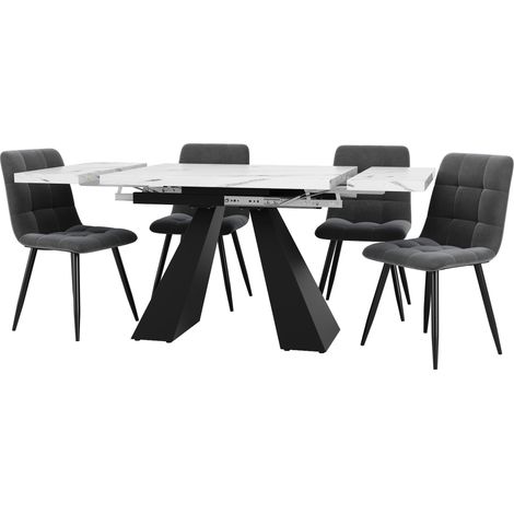 Set de table 5 éléments : table blanche extensible 160x80x75 cm pour 4 convives, avec 4 fauteuils en velours gris, piètement colonne.
