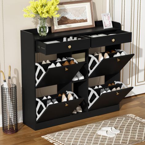 Élégant meuble à chaussures avec 4 portes basculantes, 2 tiroirs et 3 compartiments ouverts – Idéal pour les couloirs et entrées modernes