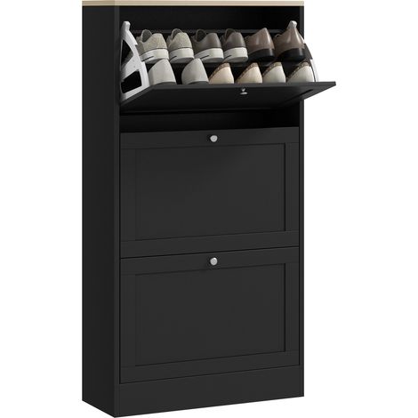 Schuhaufbewahrung mit 3 Klapptüren, skandinavisches Design, Kapazität für 18 Paar Schuhe, Maße 60 x 23,5 x 115 cm, schwarze Holzoptik