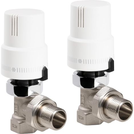 2 Pièces 1/2 "(15×21) Robinet Thermostatique, Raccord Fileté, Régulateur de Radiateur, Coude en Équerre, Blanc, Sonde Liquide, Protection Anti-Gel, Norme EN215 (1/5)