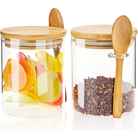 Ensemble de 2 bocaux de rangement empilables en verre et bambou, 600 ml, avec couvercles, pour une organisation optimale de la cuisine et du plan de travail.-AquaForge (1/5)
