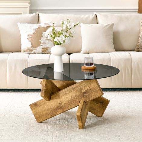 Runder Couchtisch, gehärtete Glasplatte, geometrischer MDF Sockel, Farbe Wood (1/5)