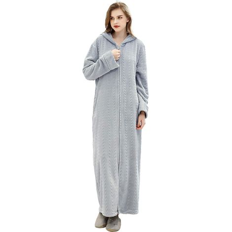 Peignoir Femme Longue à Capuche Fermeture Éclair, Douce Flanelle Polaire Chaude, Robe de Chambre Hiver, Nuit, Pyjama, Vêtement de Nuit (1/5)