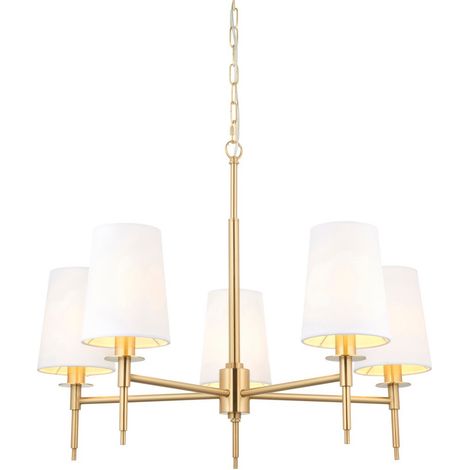 Merano Florence Plafonnier suspendu à abat-jour à bras multiples, plaque en laiton satiné, tissu blanc vintage (1/5)