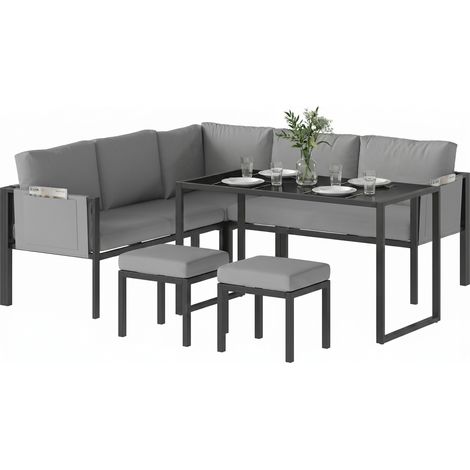 Salon de Jardin Canapé d'Angle Extérieur 6 Pièces Coussins 10cm Table Haute et 2 Repose-pieds Gris (1/5)