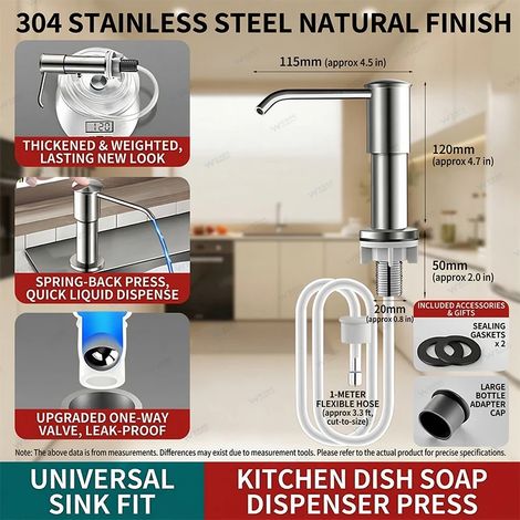 Distributeur de savon de luxe pour évier de cuisine en acier inoxydable 304 brossé, avec pompe à pression et kit de tube d'extension pour détergent - Accessoire robuste (1/5)