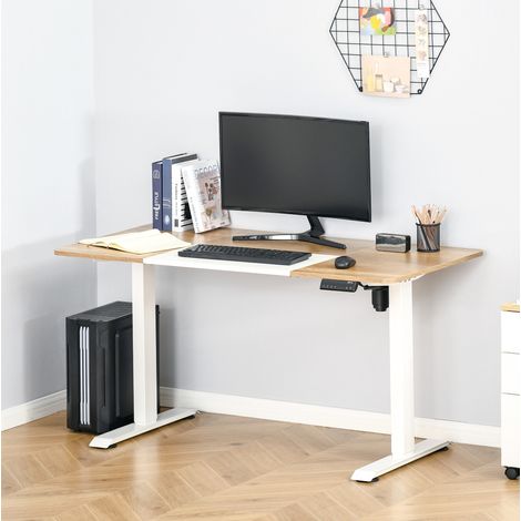 Escritorio eléctrico regulable 140 x 70 cm, tablero natural, estructura metálica blanca HAVRYA (1/5)