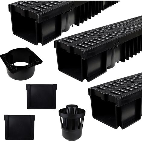 Entwässerungsrinne Schwarz Kunststoff 3 Meter – Komplettset