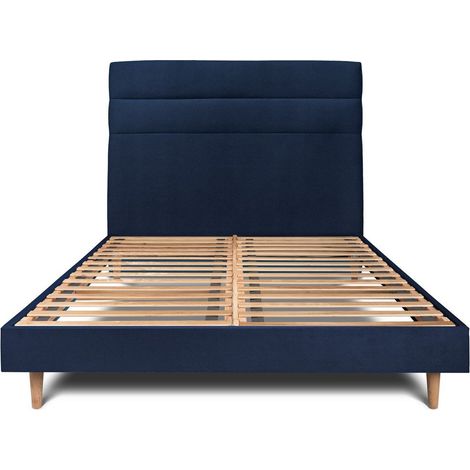 Lit 150x190cm avec tête de lit lignes velours et sommier kit Bleu - Hauteur totale : 29cm (1/5)