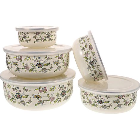 Lot de 5 bols émaillés avec couvercle, parfaits pour conserver les aliments frais, servir de saladiers ou de coupes à fruits. (1/5)