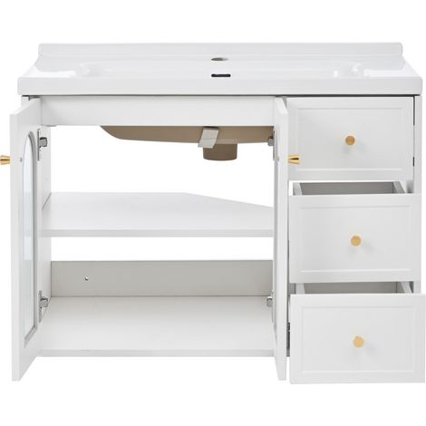 Meuble de salle de bain suspendu 80 cm avec lavabo en céramique, 2 tiroirs et armoire à portes en verre réglables (1/5)