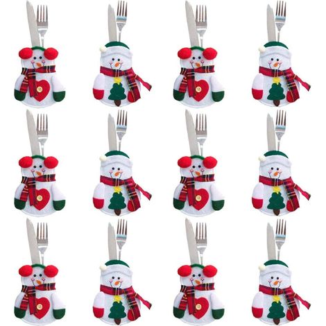 12 Pièces Porte-Couverts de Noël Décorations de Table de Poche Cadeaux de Noël de Fête (Bonhomme de Neige) (1/5)