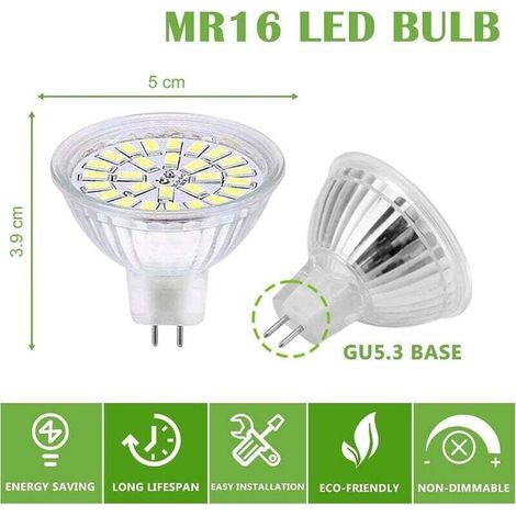 MR16 GU5.3 12V 5W LED bulbs (50W equivalent), cool white 6000K, non-dimmable, pack of 10