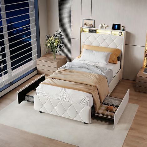 Cama 90x200 con cajones, cama 90x200, cama para adultos, cama individual, cama tapizada, cabecero con luces LED, puerto de carga, terciopelo, beige (1/5)