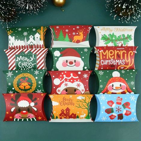 12pcs Boîtes-cadeaux en papier kraft de Noël festif avec des motifs de Père Noël, de rennes et de flocons de neige - Idéales pour les cadeaux de fête (1/5)