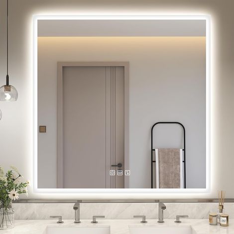 Miroir Salle de Bain avec Eclairage, Carré 100x100cm, LED Miroir Lumineux, Anti-buée, 3 Couleurs, Dimmable, Fonction de Mémoire, Verre Trempé, Étanche IP44, CRI90