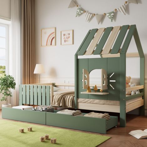 Letto per bambini 90x200 cm letto singolo, letto a soppalco con davanzale in legno, recinzione su quattro lati e 2 cassetti, pino+MDF, verde+naturale (1/5)