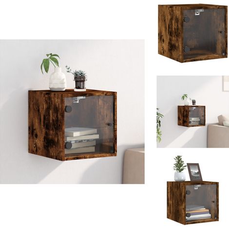 Table de chevet avec porte en verre chêne fumé 35x37x35 cm - Table De Chevet Murale - Table De Nuit - Meubles De Chambre - Rangement Mural - Étagère Murale (1/5)