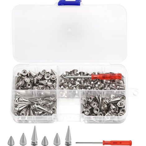 110 sets de clous coniques avec tournevis, argent, 3 tailles – Rivets à vis en métal pour vêtements, cuir, DIY, sacs, chaussures, décoration (largeur 7 mm, Ø 10/14/20 mm) (1/5)