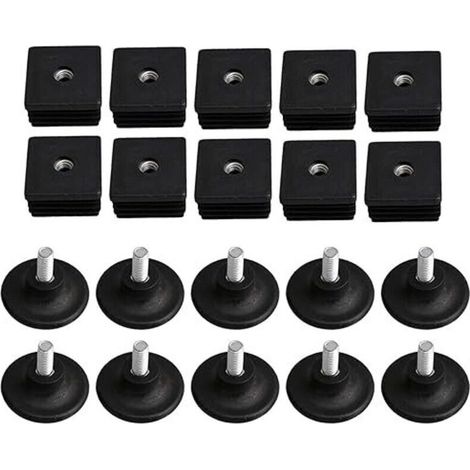 40mm x 40mm Filetage M8 Bouchons de jambe de meuble en plastique noir Bouchons aveugles Bouchons enfichables avec pieds de filetage de réglage pour tube carré Lot de 10 (1/4)