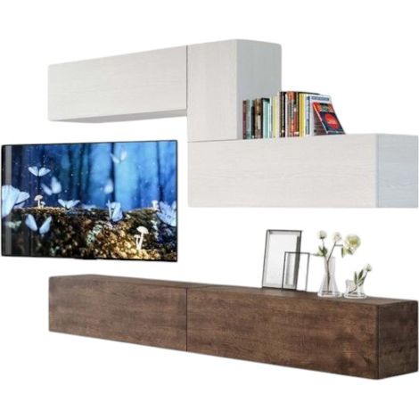 Meuble TV mural blanc et noyer Lika L 268cm - 4 pièces (1/4)