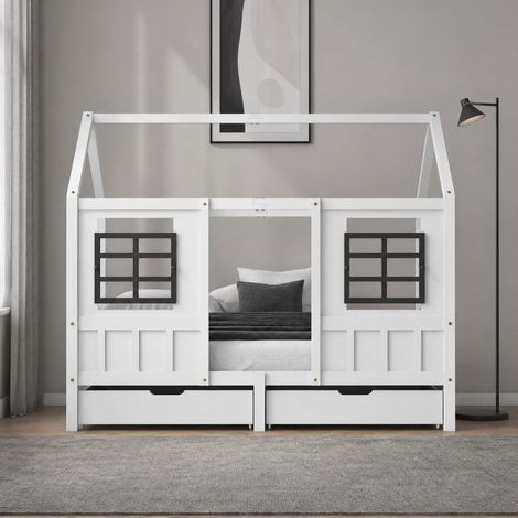 Cama infantil tipo casa con 2 cajones, 200x90 cm, ventanas, pino y MDF blanco HAVRYA (1/5)