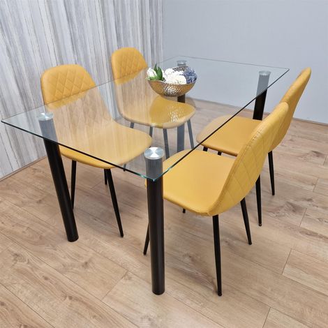 Glass Dining Table with 4 Mustard Chairs Dining Room Dining Table set for 4 (1/5)