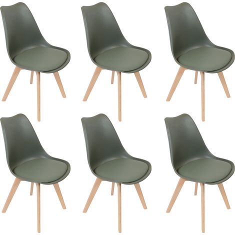 Altobuy – Lot de 6 chaises scandinaves kaki – Assise rembourrée en simili cuir – Piétement en bois massif – Dimensions 48 x 51 x H82,5 cm (1/5)