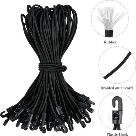 50 sangles en caoutchouc avec crochets - Sangles multifonctionnelles de 25 cm avec crochet pour bâches de camping, bâches de remorque, couvertures de piscine (noir) (1/4)