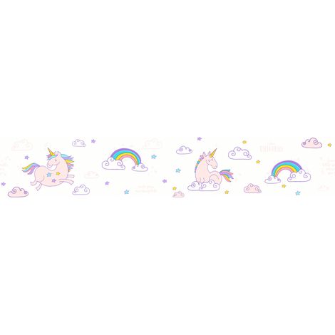 Frise murale enfant chambre fille | Frise papier peint enfant licorne & nuage | Frise tapisserie chambre d'enfant blanche & rose - 5,00 x 0,13 m