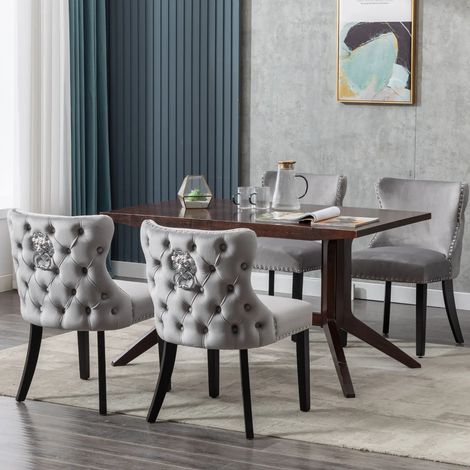 Wahson 4 PZ Sedie Sala da Pranzo in Velluto con Dettagli a Borchie, Sedie Cucina Eleganti con Gambe in Legno, Sedie Imbottite con Schiuma ad Alta Densità per Cucina/Soggiorno, Grigio