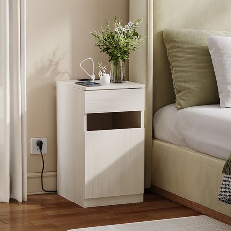 Table de Chevet Connectée - 33x40x61,5cm - Effet Bois Clair avec USB-A/USB-C & Prise AC - Tiroir & Poubelle Incluse - Blanc (1/5)