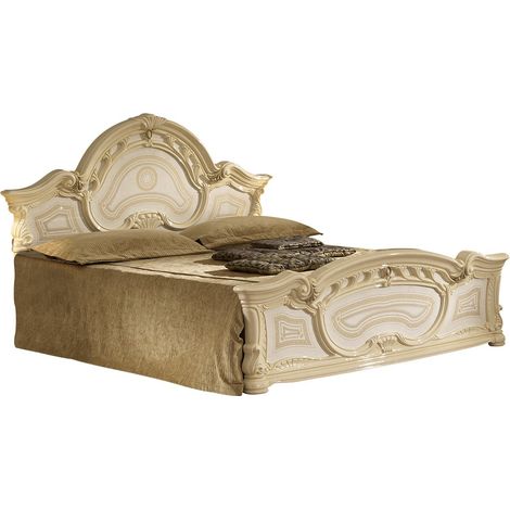 Les Tendances – Lit adulte baroque laqué beige 160x200 – Dimensions L 160 x H 119 x P 203 cm – Moulures dorées décoratives – Fabrication italienne (1/5)
