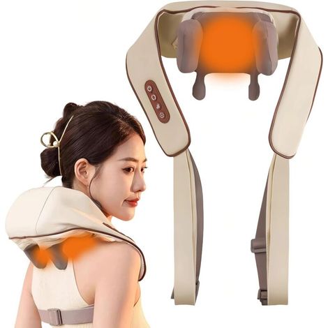 Massage device to relieve neck pain. Heated massage device for the neck and shoulders. Portable heated Shiatsu massage device for the neck and shoulders. (1/5)