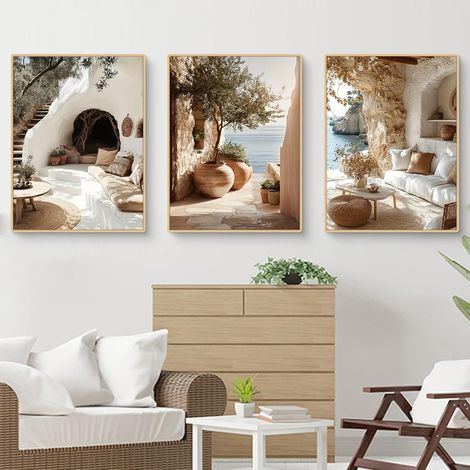 TROYSINC Lot de 3 posters d'architecture méditerranéenne, vues esthétiques sur les îles grecques, maisons en pierre au bord de la mer, paysage mural, décoration murale pour salon, sans cadre, 30 x 40 (1/5)