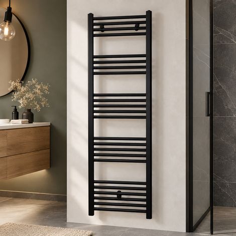 Stano. – Radiateur sèche-serviettes eau chaude 160 x 50 cm – Acier noir mat – Tubes ronds Ø 21 mm – Puissance 488 W – Entraxe 45,5 cm (1/5)
