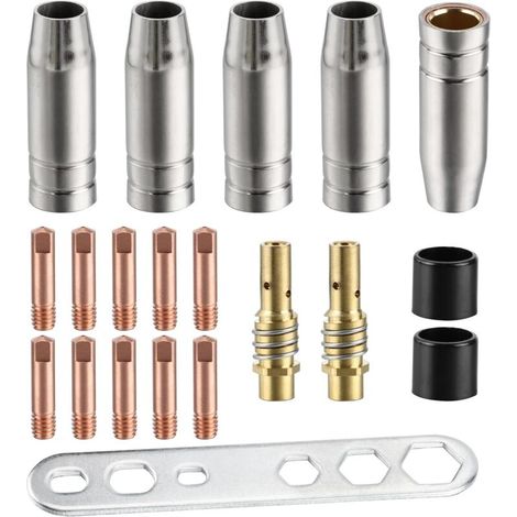 Lot de 20 embouts de contact pour buses de soudage MIG/MAG 15AK, support de connecteur de gaz M6 (10 tubes de contact M6 0,8 mm, 5 buses, 2 connecteurs, 2 isolateurs, 1 outil) (1/5)