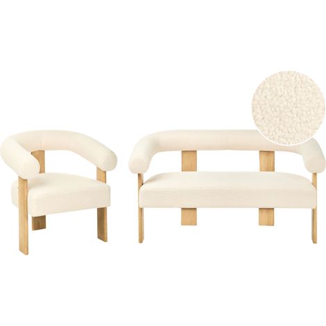 Conjunto de sala de estar retro sofá 2 plazas sillón tapizado de bouclé patas de madera blanco crema y marrón claro Ilbro (1/5)