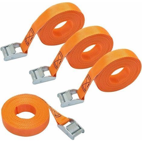 Set of 4 lashing straps, length 6 m, width 25 mm, lashing capacity 150 kg, compliant with DIN EN 12195-2 - Orange (1/4)