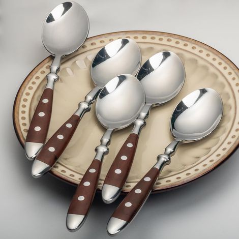Lot de 6 cuillères à café en acier inoxydable avec manches marron, cuillères à expresso/petites cuillères/cuillères à dessert pour (1/5)