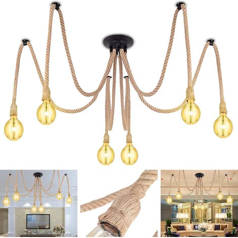 6 lights Retro Hanfseil Kronleuchter E27 Industrie DIY Hängelampe mit 2M Kabel, Höhenverstellbar für Wohnzimmer, Restaurant, Bar, Café - Ohne Birne (1/5)