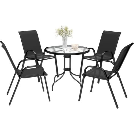 Five-Piece Steel Patio Set, Glass-Top Table - Black (1/5)