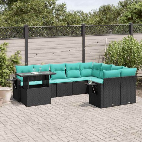 10-teiliges Gartensofa-Set mit Kissen, schwarzes Polyrattan (1/5)