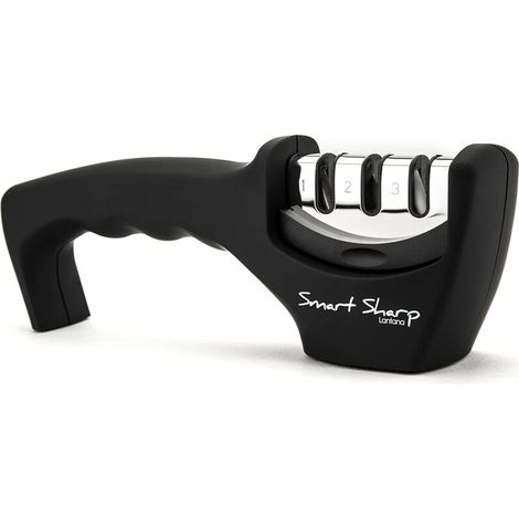 Smart Sharp 3-Stage Sharpener - for Kitchen Knives - Professional Results/Ergonomic Design - Ceramic Stone/Tungsten Carbide/Diamond - Black/Chrome Finish (1/5)