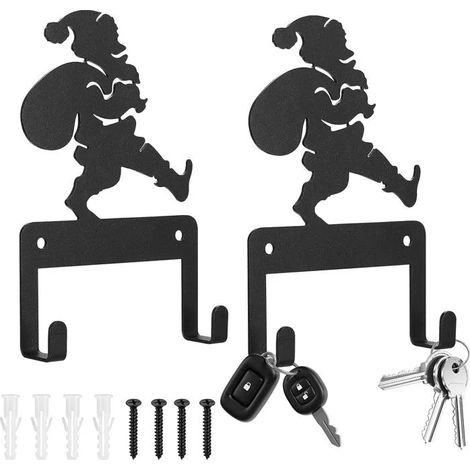 2 Pcs Porte-Clés Mural Noir, 2 Crochets, Adhésif ou Percage, Rangement Clés pour Couloir, Entrée, Cuisine (Père Noël) (1/5)