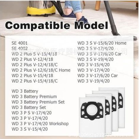 Lot de 10 sacs à poussière non tissés avec filtre haute efficacité pour aspirateurs Karcher séries WD2/WD3/KD3/SE4002 (1/5)