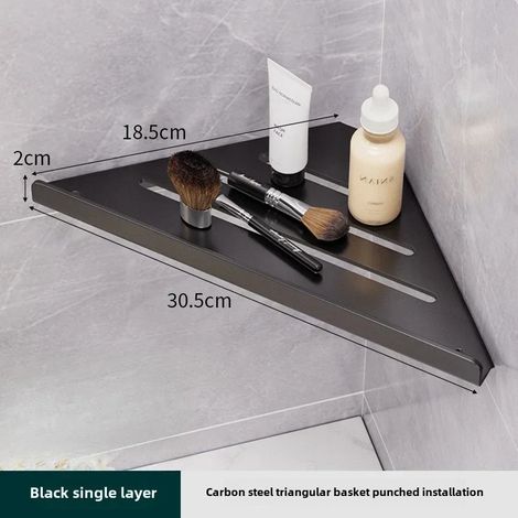 (1 pièce noire A) Étagère de salle de bain triangulaire avec bonde, sans perçage, fixation murale, étagère d'angle en acier au carbone avec crochets (1/5)