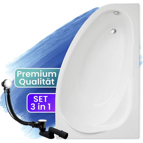 Badewanne Eckbadewanne 150x100 Rechts, Ablaufgarnitur & Füßen GRATIS - Komplettset 3in1 Original Acryl Wanne Premium Siphon - BADLAND MAREA (1/5)